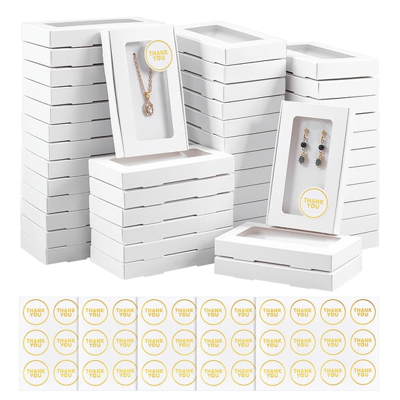 60Pcs Kraft Paper Storage Mailer Boxes with Visible Window Paper Packaging Shipping Cases Rectangle with 5 Sheets Adhesive Label Stickers White DIY
