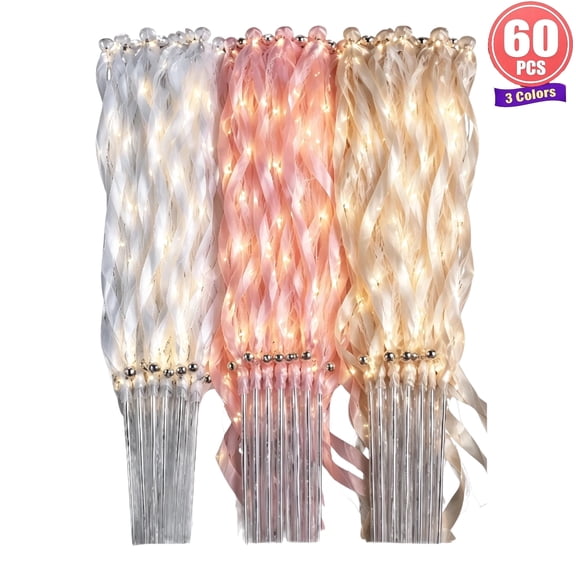 60Pcs Light Up Wedding Wands, LED Fairy Wand Streamers with Bells & Ribbons Glow Fairy Wand for Wedding Send Off, Reception Exit, Graduation, Wedding Photos, Night Events and New Year's Party