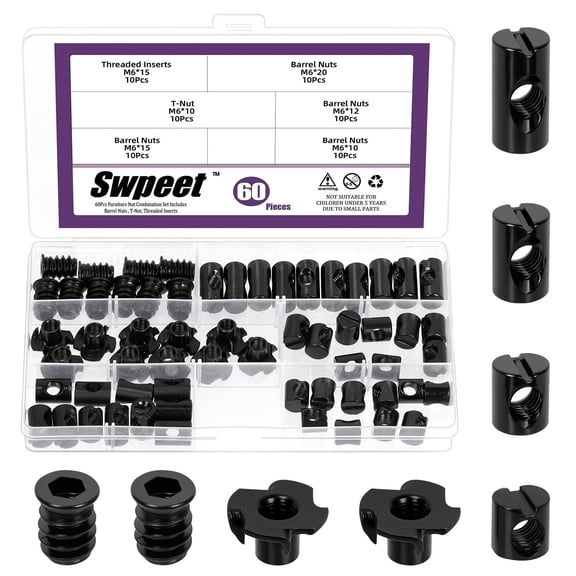 60Pcs M6×10/12/15/20 Zinc Plated Barrel Nuts with Threaded Inserts and T-Nuts Assortment Kit, Cross Dowels Slotted Nuts, 4-Pronged Tee Nut, Furniture Nuts for Beds Crib Cabinets