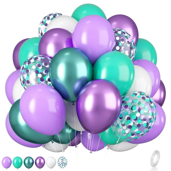 Metallic Purple Green Balloons, 60Pcs 12 Inches White Metallic Purple Teal Blue Confetti Latex Balloons for Girls Birthday Baby Shower Under The Sea Party Decorations