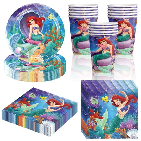 60Pcs Mermaid Birthday Party Decorations, Mermaid Party Supplies Including Paper Plates, Napkins and cups, Ocean Theme Party Decor Tableware Set for Birthday, Serves 20