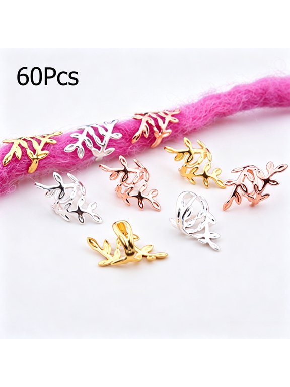 60Pcs Mixed Color Leaf Braid Hair Cuffs, Gold Silver Rose Gold Metal Dreadlock Hair Clips