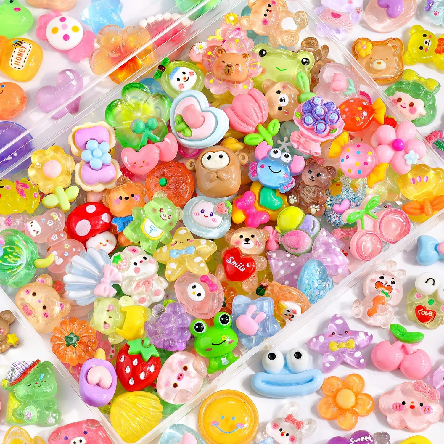 60Pcs Mixed Colors Slime Charms Assorted Cute Jelly Embellishments, Random Bulk Flatback Resin Ornament Bear Star Kawaii Slime Accessories for Phone Junk Case, Scrapbooking Crafting & DIY Decor