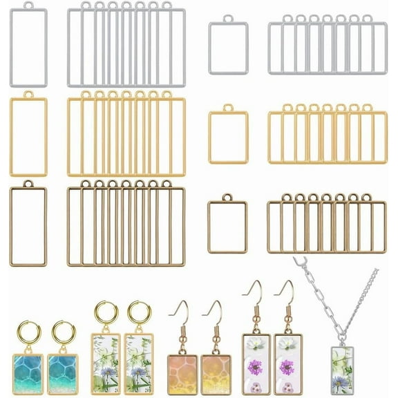 60Pcs Open Bezels for Resin 2 Sizes Rectangle Open Back Bezel Hollow Frame Pendants Resin Casting Jewelry Molds for Earring Necklaces Bracelets Making Supplies DIY Crafts for DIY