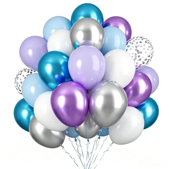 60Pcs Pastel Blue Purple Silver Balloon Garland Kit, 12 Inch Macaron Metallic Confetti Latex Balloons with Ribbon for Baby Shower Party Dcor