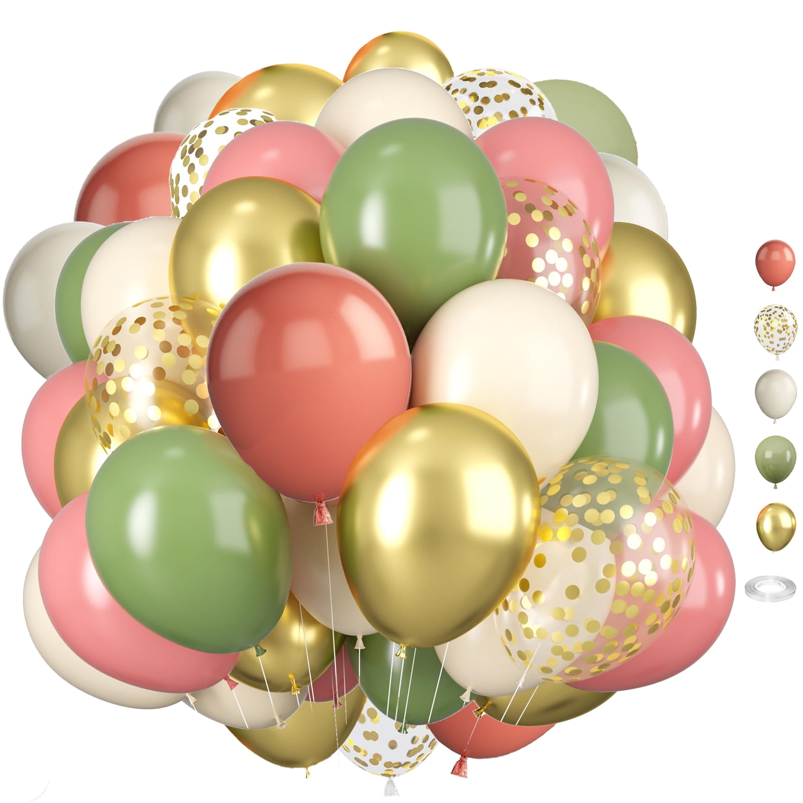 60Pcs Pink and Green 12 Inch Balloons Set - Sage, Dusty Pink, Metallic Gold, Olive, Sand White - Confetti Balloons for Jungle Birthday, Baby Shower, Wedding Party Decorations