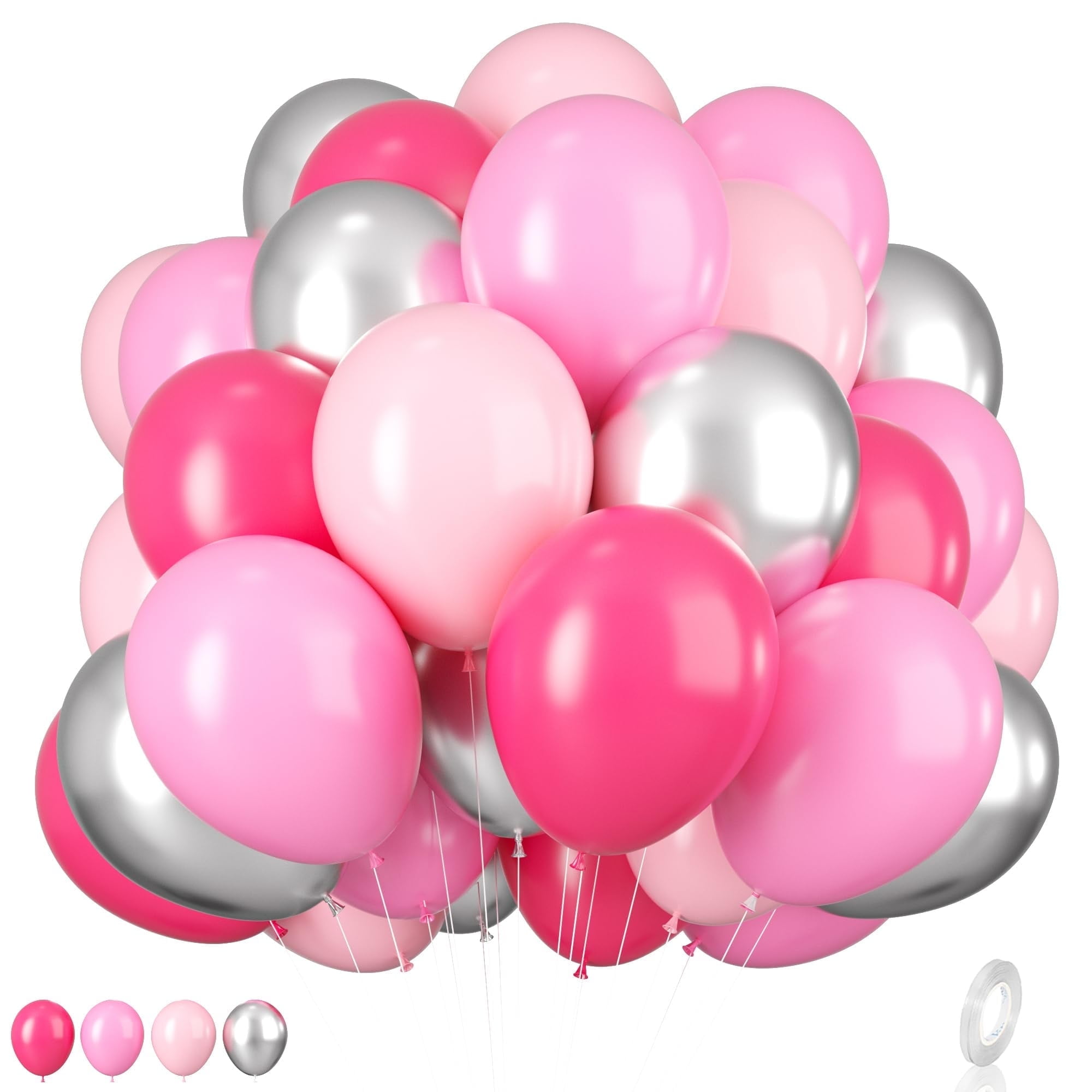 60Pcs Pink and Silver Balloons, 12 Inch Hot Pink Pastel Pink Latex Balloon Metallic Chrome Silver Helium Balloons for Girls Women Bridal Birthday Baby Shower Party Decorations