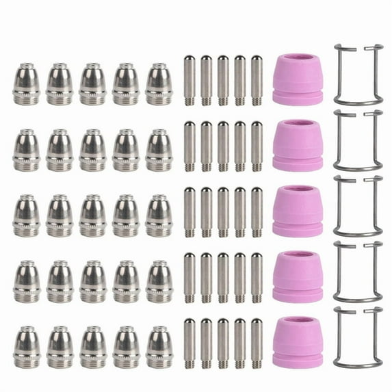 60Pcs Plasma Cutter Torch Consumables Nozzles Tips Kit Fit -55 -60 40/50/78 Amp,25 * Nozzle/Tip 0.051inch/1.3 mm 25 * Electrode 5 * Guide Shield Cup 5 * Guide