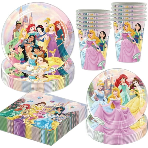 60Pcs Princess Birthday Party Tableware Set,including Plates,Napkins,Paper Cups,for Girls Girl Birthday Party Supplies Decorations