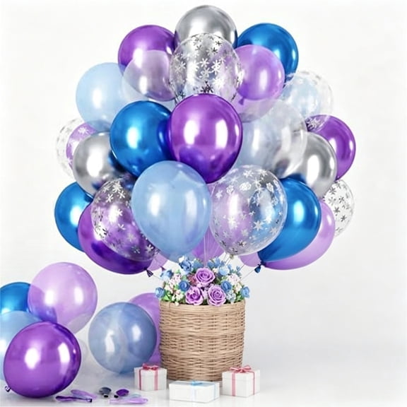 60Pcs Purple Blue Silver Snowflake Balloon Garland Kit, 12 Inch Matte Metallic Snowflake Confetti Balloons for Winter Theme Party Dcor