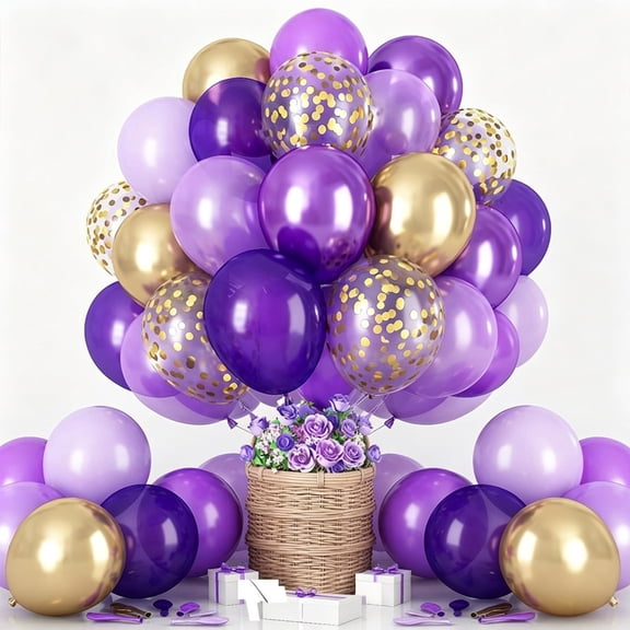 60Pcs Purple & Gold Balloon Garland Kit, 12 Inch Light Dark Metallic Purple Confetti Latex Balloons with Ribbon for Girls Birthday Wedding Dcor