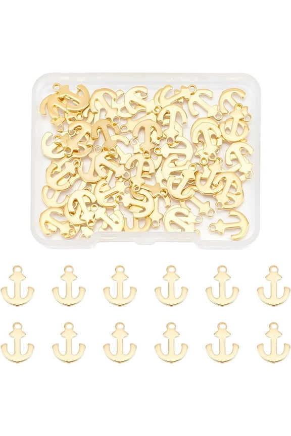 60Pcs Real 18K Gold Plated Anchor Charms Stainless Steel Nautical Charms Anchor Ship Sign Naval Voyager Pendant Metal Sailor Dangle Pendant 12mm Long for DIY