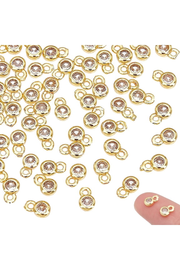 60Pcs Real 18K Gold Plated Crystal Rhinestone Charms Round Cubic Zirconia Charms Birthstone Charms Metal Pendants with Loops Dangle Earring Making Charms for Jewelry Making Accessories