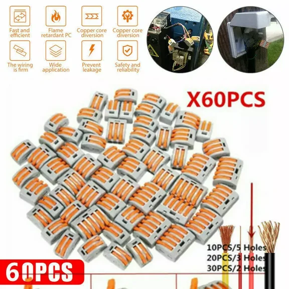 60Pcs Reusable Wago 222 Electrical Connectors Wire Block Clamp Terminals Cables
