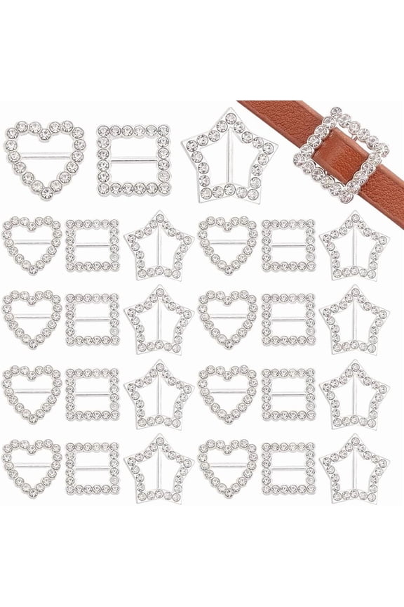 60Pcs Rhinestone Ribbon Buckles 3 Style Mini Buckles Buckle for DIY Craft Square Heart Star Shape Belt Buckle Sliders for Clothing Shoes Wedding Invitation Letter and Gift Wrap diy