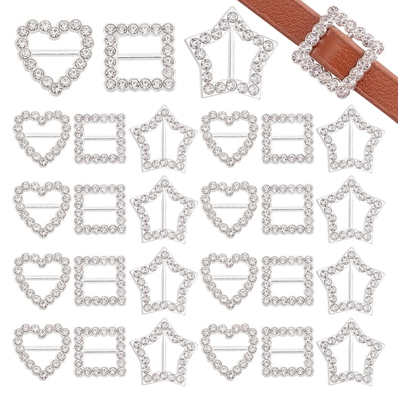 60Pcs Rhinestone Ribbon Buckles 3 Style Mini Buckles Buckle for DIY Craft Square Heart Star Shape Belt Buckle Sliders for Clothing Shoes Wedding