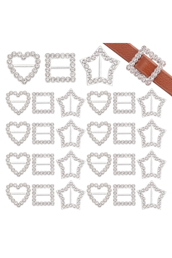 60Pcs Rhinestone Ribbon Buckles 3 Style Mini Buckles Buckle for DIY Craft Square Heart Star Shape Belt Buckle Sliders for Clothing Shoes Wedding