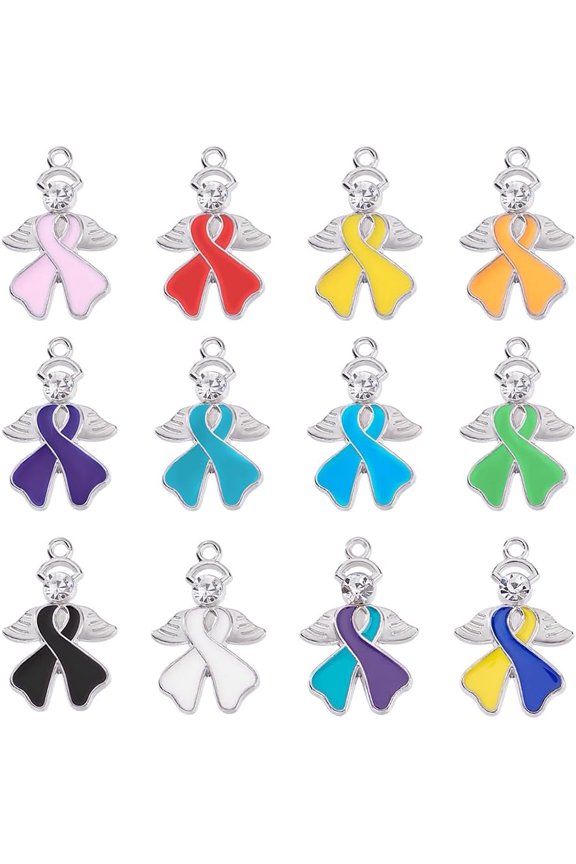 60Pcs Ribbon Pendants with Diamond 12 Colors Alloy Awareness Ribbon Charms with Wings Dangle Charms Beads for DIY Crafts Earring Bracelet Necklace Jewelry Making