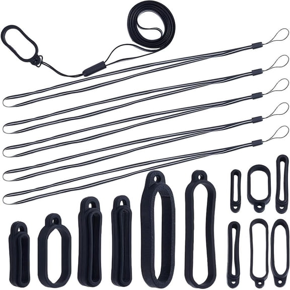 60Pcs Rings with 5 Strands Adjustable Necklace Lanyard Anti-Lost Pendant Holder for Pen Phone Badge Holder Black 15.3 inch