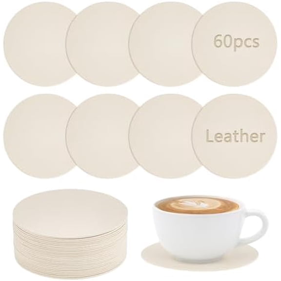 60Pcs Round Leather Coasters for Drinks, 4"" Dual Sided Washable Cup Coasters for Coffee Tabletop, Veg Tan Leather Tooling Leathers Pre-Cut for Carving, Stamping, 1.5 mm Thickness