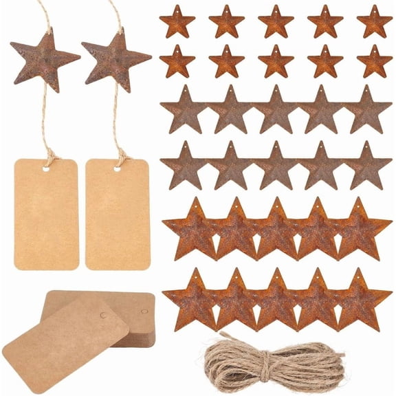 60Pcs Rustic Stars Kraft Tags Kits Included 30Pcs 3 Sizes 25mm/40mm/47mm Metal Rusty Barn Star Pendants 30Pcs Blank Cardboard Labels and 5m Long Jute Cord