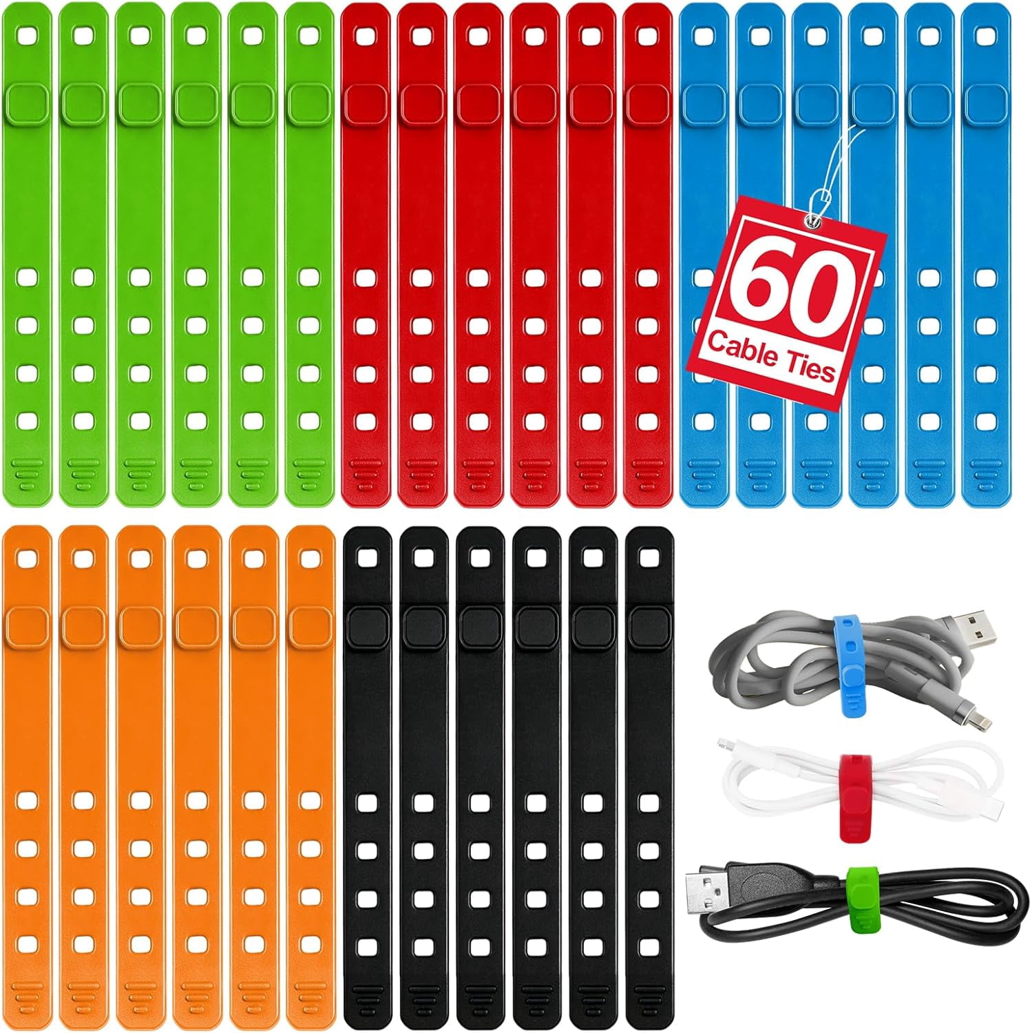 60Pcs Silicone Cable Ties, 5-Colors Reusable Cord Organizer for Phone Charger & Data Cables - Home Office Travel Essentials, Under Desk Cable Management, Wire Holder for Computer, Kitchen