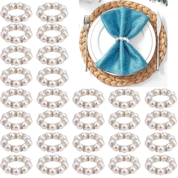 60Pcs Silver Disposable Pearl Napkin Rings, Imitation White Beaded Napkin Rings Holder, White&Silver Beaded Serviette Buckles for Wedding Home Decor Daily Use and Party Supplies