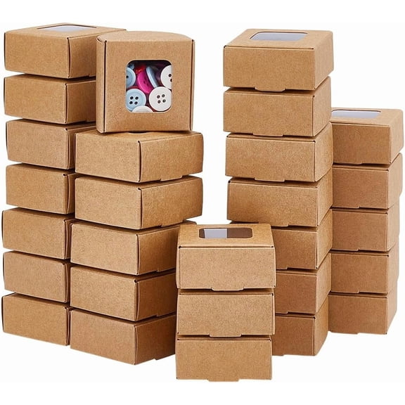 60Pcs Square Foldable Creative Kraft Paper Box Gift Box with Visible PVC Window Tan 5.5x5.5x2.5cm Craft Supplies