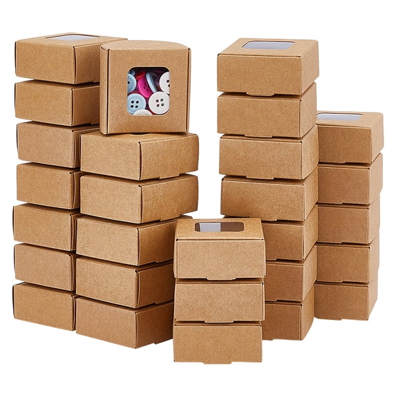60Pcs Square Foldable Creative Kraft Paper Box Gift Box with Visible PVC Window Tan 5.5x5.5x2.5cm