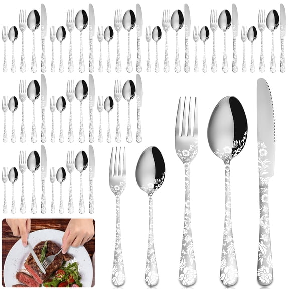 60Pcs Stainless Steel Silverware Set Mirror Polished Cutlery Flatware Set 12 Knives 24 Forks 24 Spoons with Beautiful Flower Pattern for Kitchen Restaurant Party