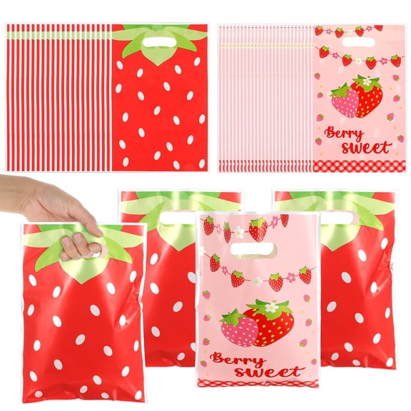 60Pcs Strawberry Party Favor Bags with Handles, 9.8 x 6.3inch Fruit Themed Strawberry party Snack Thank You Gift Bags for Baby Shower, Birthday, Wedding, Party Favors