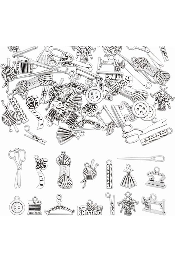 60Pcs Tibetan Style Charms 15 Styles Knitting Tools Pendant Sets Silver Hanger Charms Metal Yarn Clew Charms Button Charms Measuring Tape Charms for Jewelry Making for making