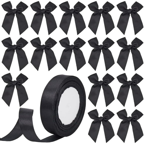 60Pcs Twist Tie Bows Bulk Satin Pretied Premade Tied Decoration Packaging with 25 Yards Black Polyester Ribbon for Wrap Bags Packages Cakes Party Decors DIY Crafts Findings Black 1set