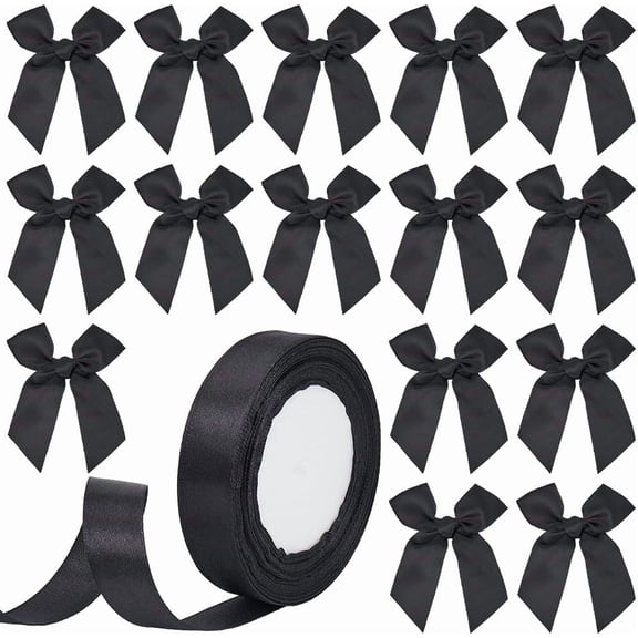 60Pcs Twist Tie Bows Bulk Satin Pretied Premade Tied Decoration Packaging with 25 Yards Black Polyester Ribbon