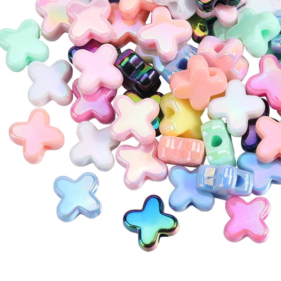 60Pcs UV Plated Acrylic Beads Iridescent Cross Mixed Color 15x15x8mm Hole: 4mm