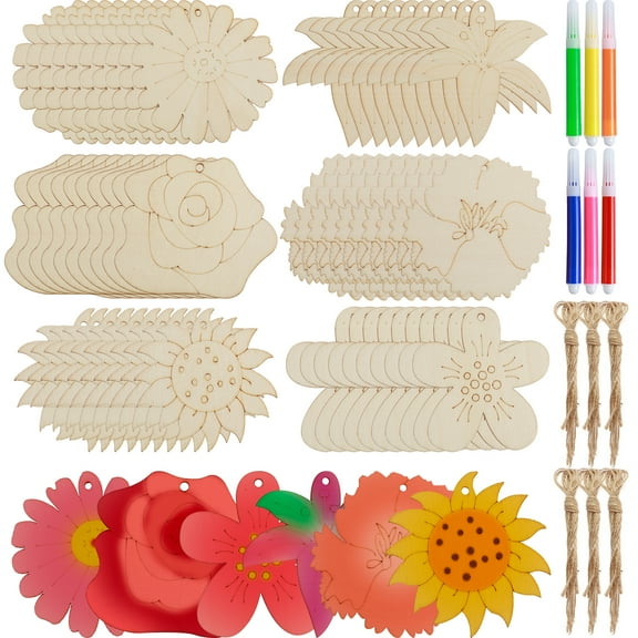60Pcs Unfinished Wood Cutouts DIY Coloring Wood Flower Cutouts 6 Flower Styles Wood Cutouts Paint Crafts Portable Unfinished Wood Flower Ornament with Ropes Coloring Pens for Painting DIY Crafts