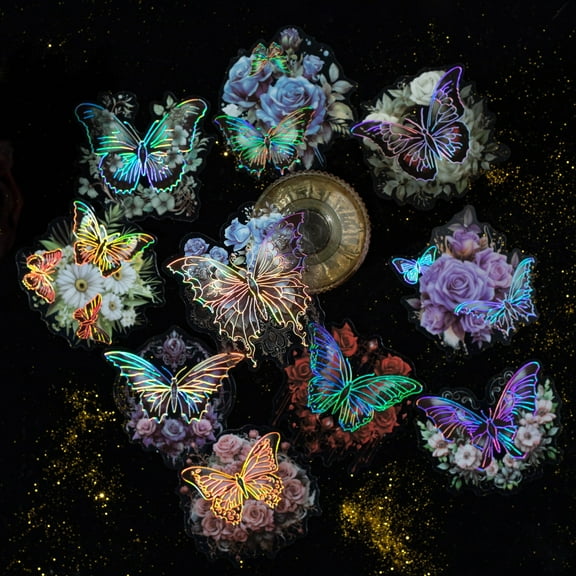 60Pcs Vintage Gothic Holographic Shiny Butterfly Flower Stickers - Clear Waterproof Dark Spooky Butterfly Stickers for Scrapbooking,Junk Journals,Witchcraft Supplies