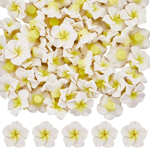 60Pcs White Plumeria Beads Polymer Clay Flower Beads Bulk 2 x 1.1cm Summer Hawaiian Themed 3D Floral Flat Back Loose Spacer Charms