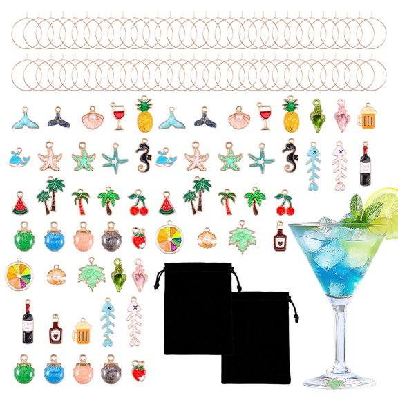 60Pcs Wine Glass Charm Ring Summer Beaches Metal Wine Glass Identifier Tag Pendant Ring for Stem Glasses Party Accessory