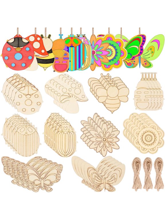 60Pcs Wood Cutouts Ornaments for Crafts Butterfly Flower Unfinished Wooden Slices DIY Paint Crafts Blank Hanging Embellishment for Painting Spring Holiday Party Supplies,2.7inch,Beige