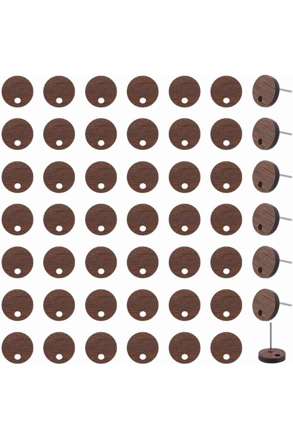 60Pcs Wood Earring Findings Flat Earring Posts Walnut Wood 10mm Studs Ear Findings Flat Round Ear Posts with Loop Pin Studs for Jewelry Earrings Making