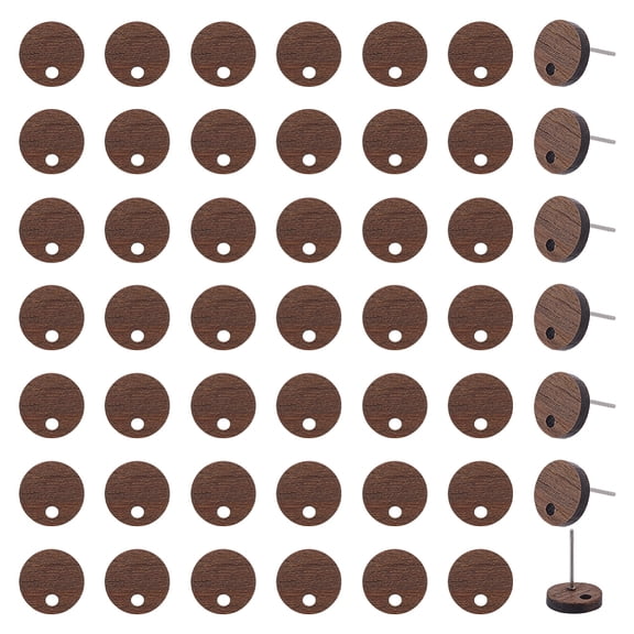 60Pcs Wood Earring Findings Flat Earring Posts Walnut Wood 10mm Studs Ear Findings Flat Round Ear Posts with Loop Pin Studs for Jewelry Earrings