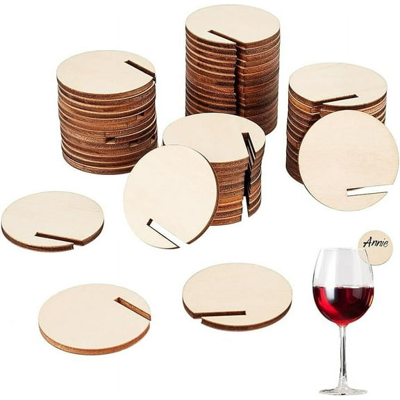 60Pcs Wooden Circle Drink Tags Wooden Wine Glass Charms Blank Party Drink Name Tag Circles DIY Wooden Drink Label Wine Glass Circle Charm for Wedding Bar Decorations Party