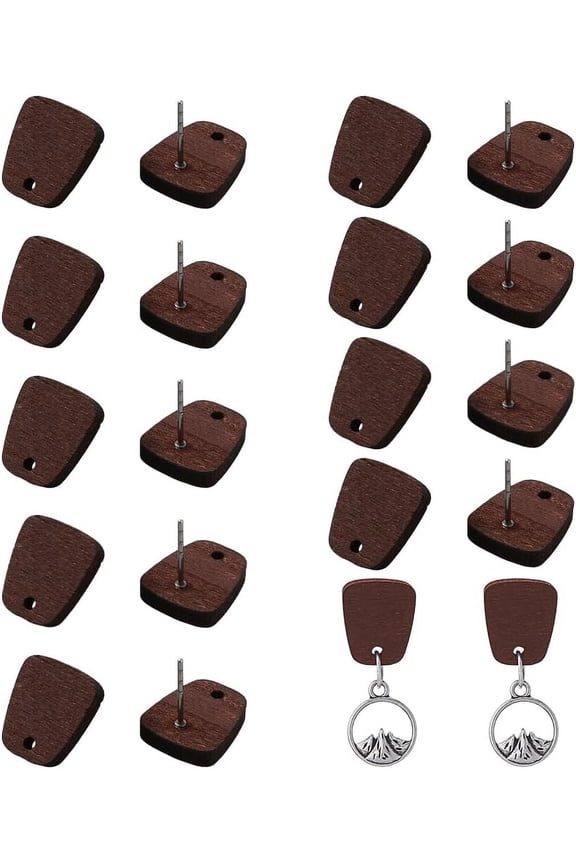 60Pcs Wooden Stud Earrings Posts Trapezoidal Wooden Earring Stud with 316 Stainless Steel Pin Coconut Brown Earring Findings