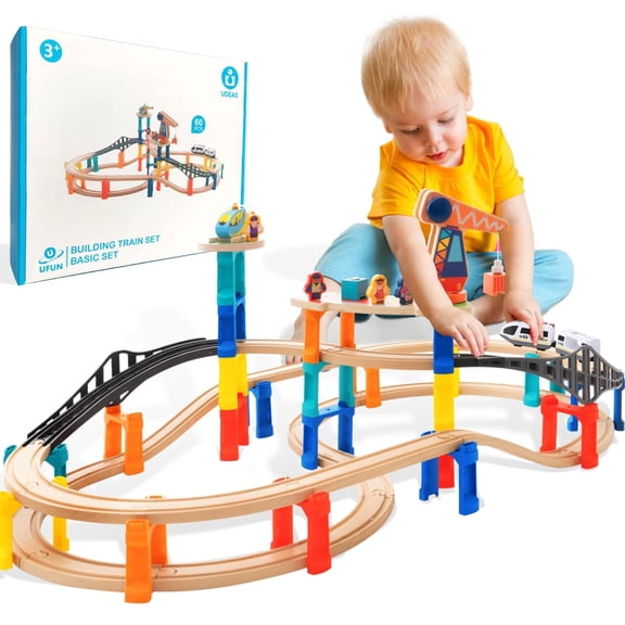 60Pcs Wooden Train Track Set, 203-inch Track Length, Train Bridge Toy Set for Toddlers, Scenario Building Blocks Toddler Toys with Airplane and Magnetic Crane, Birthday Gift Ideas for Boys and Girls