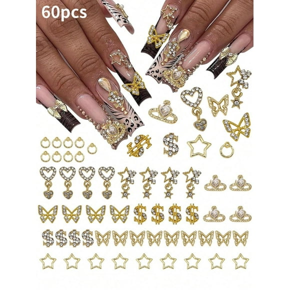 60Pcs Y2K Gold Nail Charms - Alloy Gems-Encrusted Nail Art (Butterfly/Dollar/Stars/Planet/Heart) | 3D Crystal Rhinestones For Acrylic & Gel Nails | Bling Nail Accessories,