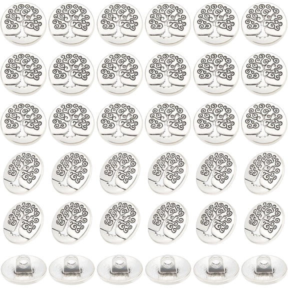 60Pcs Zinc Metal Alloy Shank Buttons Flat Round with Tree of Life Silver 14.5x7mm Hole: 2.5mm DIY