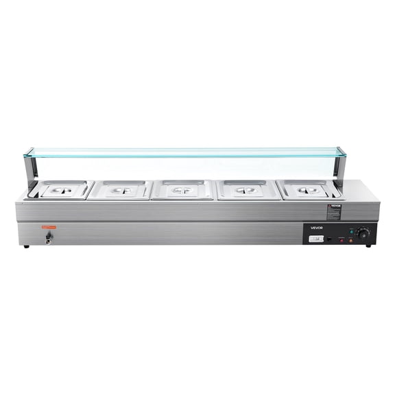 60QT Commercial Food Warmer 5 Pan Electric Steam Table Glass Cover 1500W Countertop Stainless Steel Buffet Bain Marie 86-185 Fahrenheit Temperature Control