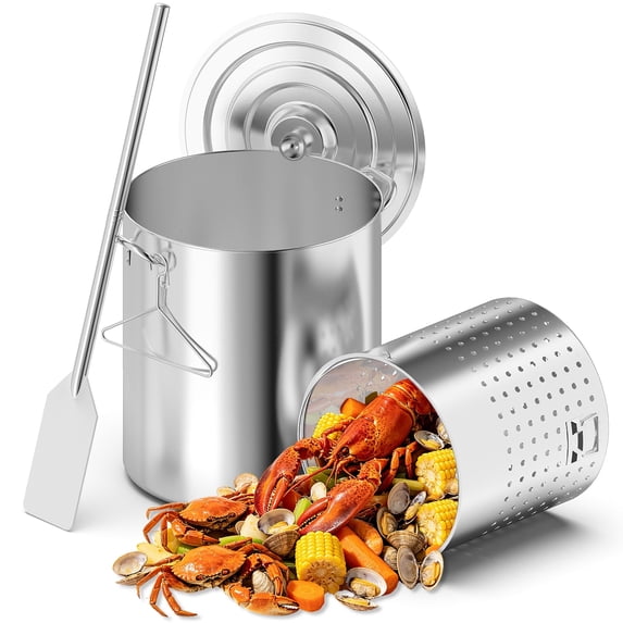 60QT Stainless Steel Seafood Boil Pot,32" Detachable Mixing Paddle & 40QT Strainer Basket,Crawfish Crab Shrimp Boiler,Outdoor Stock Pot for Cooking