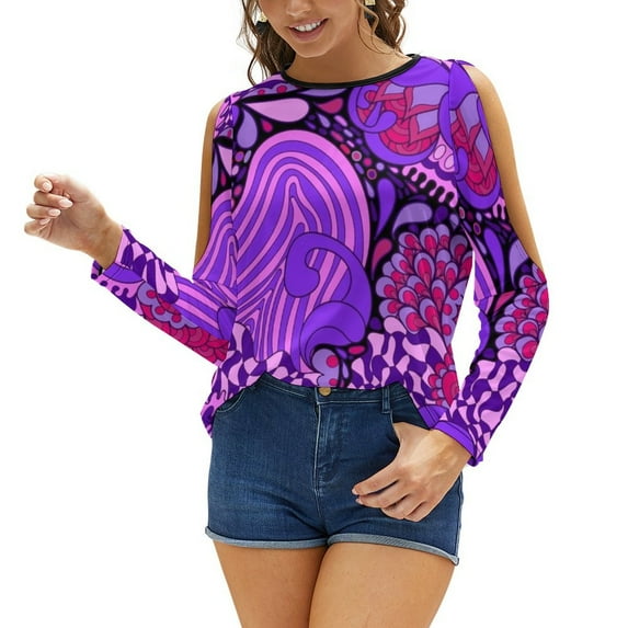 60S Hippie Psychedelic Pattern New Fashion Zip Off Shoulder Top Short-Sleeve Women Shirt Abstract Bright Colorful Colourful